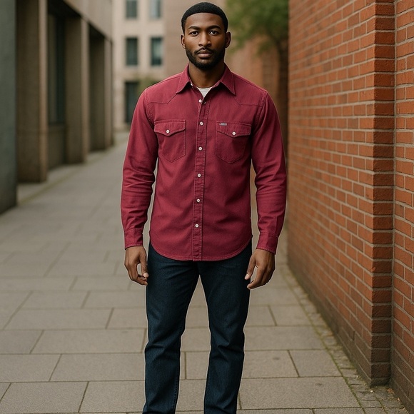 Wrangler Men’s Western Shirt Size Medium Dark Maroon Pearl Snaps Yoke Denim Jean - Picture 1 of 7
